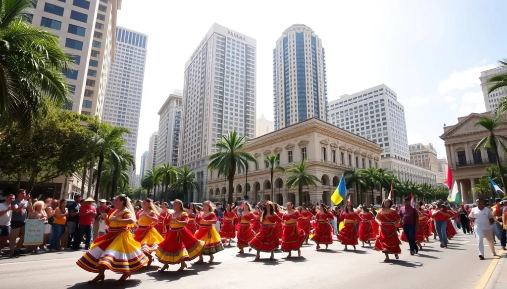 A vibrant parade in the streets of Panama City, basking in the warm tropical sun. In the foreground, a lively procession of dancers in colorful traditional costumes, their movements flowing with the rhythm of the music. In the middle ground, spectators line the sidewalks, cheering and waving flags. Towering skyscrapers and historic colonial buildings form the backdrop, creating a captivating contrast between modern and heritage architecture. The scene is filled with a joyous, festive atmosphere, capturing the essence of a beloved Panamanian celebration.