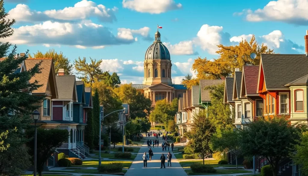 A vibrant residential neighborhood in Regina, Saskatchewan, with charming Victorian-style houses lining tree-lined streets. Warm sunlight casts a golden glow over the scene, highlighting the intricate architectural details and well-manicured gardens. In the middle ground, people leisurely stroll along the sidewalks, creating a sense of community. In the background, the distinctive dome of the Saskatchewan Legislative Building stands as a historic landmark, framed by a clear blue sky with fluffy white clouds. The overall atmosphere is one of tranquility and small-town charm, inviting the viewer to explore this picturesque neighborhood.