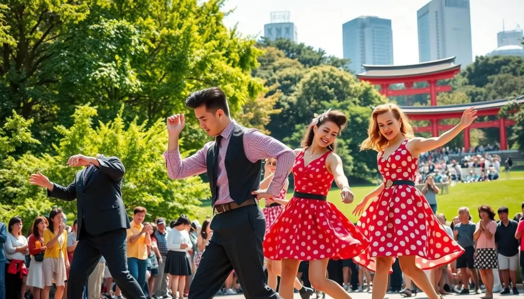 A vibrant scene in Yoyogi Park, Tokyo, as energetic rockabilly dancers perform their signature moves under the warm afternoon sun. In the foreground, a group of stylishly dressed men and women twist and twirl, their retro fashion and pompadour hairstyles creating a captivating visual. The middle ground features a lively crowd of onlookers, their expressions a mix of awe and delight. In the background, the lush greenery of the park provides a natural backdrop, with the iconic Meiji Shrine visible in the distance. Capture the dynamic energy, the retro aesthetic, and the celebratory atmosphere of this iconic Yoyogi Park tradition.