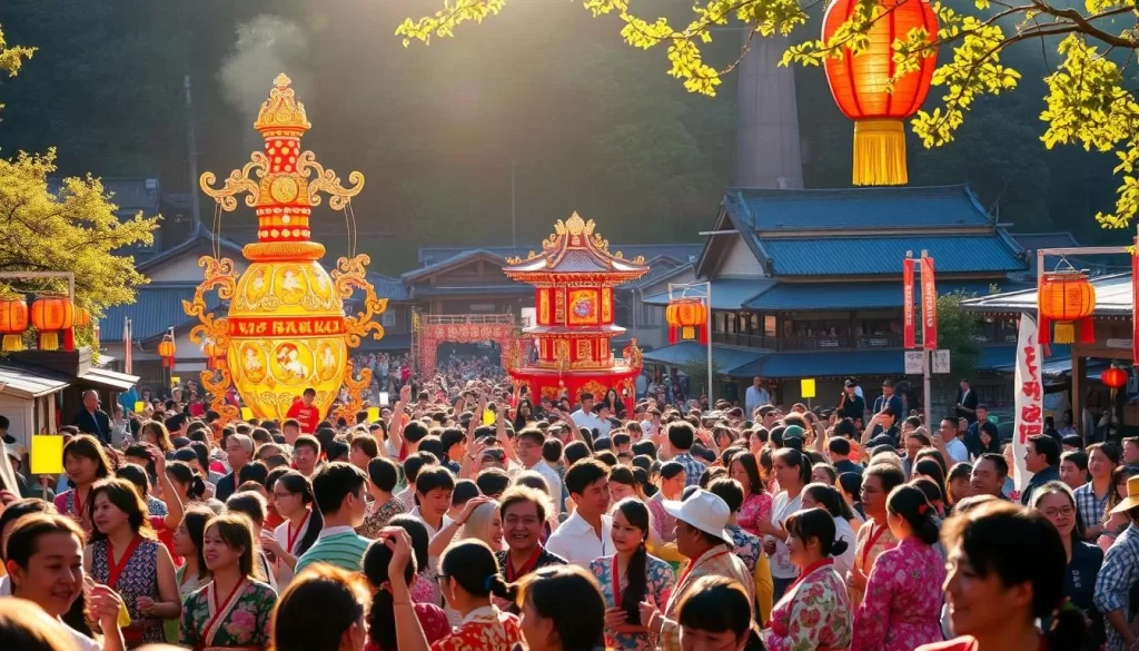 A vibrant scene of Aomori Prefecture's dynamic festivals, bathed in warm sunlight and bursting with cultural energy. In the foreground, crowds of revelers in colorful traditional garments dance and celebrate, their expressions joyful and lively. In the middle ground, intricate festival floats and elaborate lanterns illuminate the festivities, casting a warm glow across the scene. In the background, traditional Japanese architecture and lush greenery frame the festivities, creating a harmonious and immersive atmosphere. The overall impression is one of a lively, authentic celebration of Aomori's rich cultural heritage.