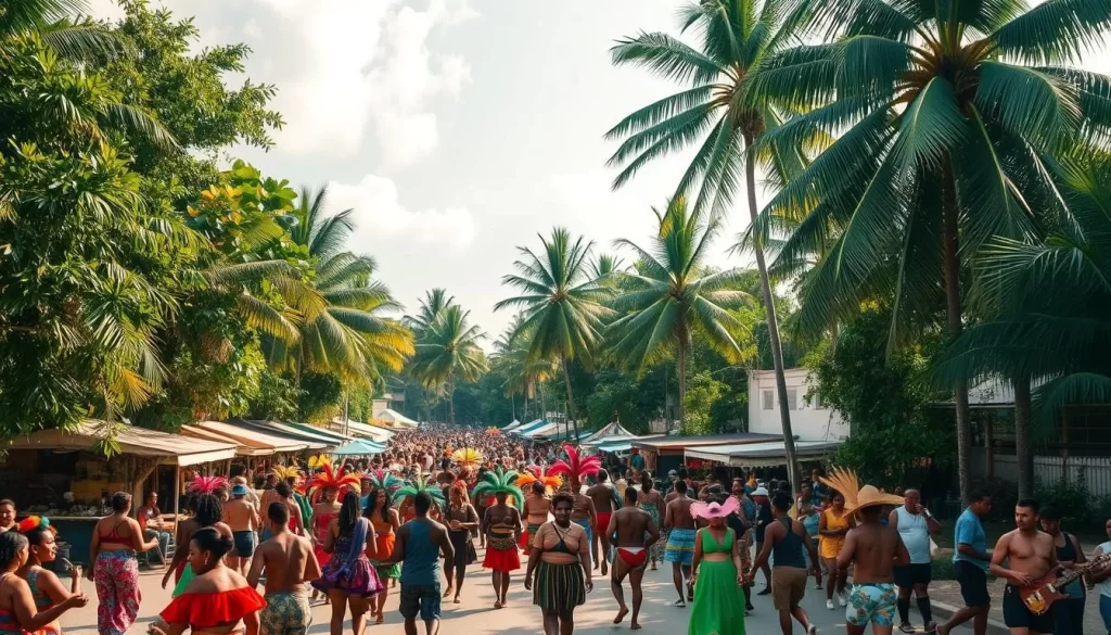 A vibrant scene of Belize's diverse cultural celebrations unfolding against a backdrop of lush tropical foliage. In the foreground, a parade of colorful costumed dancers and musicians weave through the streets, their movements fluid and energetic. The middle ground showcases a bustling marketplace filled with stalls offering traditional crafts, foods, and music. In the distance, towering palm trees sway gently in the warm, sun-dappled breeze, setting the stage for an immersive experience of Belize's year-round festivals. The lighting is soft and natural, casting a golden glow over the entire scene, evoking a sense of joy, vibrancy, and cultural richness.