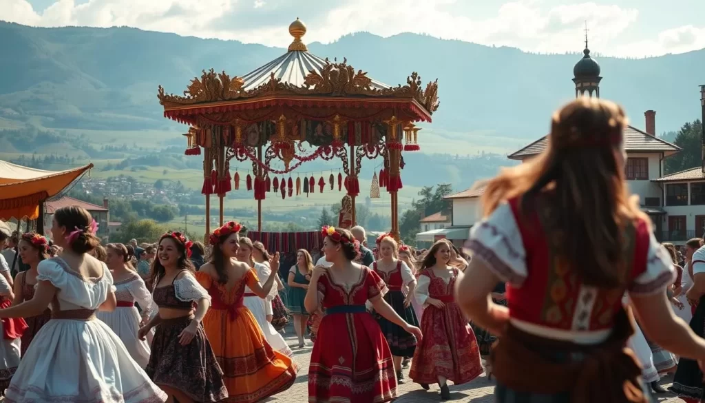 A vibrant scene of Georgian festivals unfolding in an idyllic setting. In the foreground, revelers in traditional costumes dance and celebrate, their movements captured in a warm, golden light. In the middle ground, an ornate pavilion showcases vibrant textiles and handcrafted wares, while the background reveals a picturesque landscape of rolling hills and quaint architecture. The atmosphere is one of joy, community, and the rich cultural heritage of Georgia, captured through a cinematic lens that evokes a sense of timelessness and wonder.