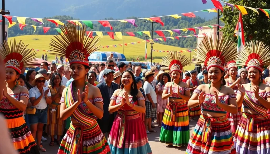 A vibrant scene of Guatemalan summer festivals, captured with warm, natural lighting and a wide-angle lens. In the foreground, a colorful procession of dancers adorned in traditional Maya attire, their intricate costumes and headdresses swaying to the rhythm of lively music. In the middle ground, a crowd of celebrants clapping and cheering, faces alight with joy and national pride. The background reveals a lush, verdant landscape, perhaps a town square or a village plaza, adorned with vibrant flags and banners fluttering in the gentle breeze. The overall atmosphere exudes a sense of community, cultural heritage, and joyous festivities.