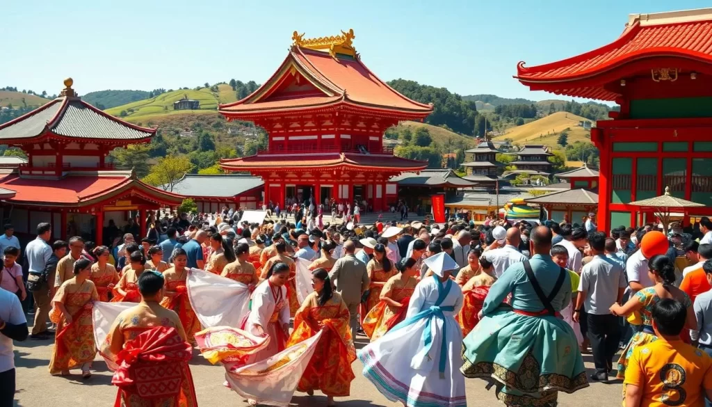 A vibrant scene of Kanagawa's religious and spiritual festivals, captured on a sun-dappled day. In the foreground, a colorful procession of elaborately dressed dancers and musicians weave through a lively crowd, their movements graceful and rhythmic. In the middle ground, the ornate structures of a Shinto shrine or temple stand tall, their roofs adorned with intricate carvings and bright red lacquer. Behind them, rolling hills dotted with pagodas and serene gardens create a serene, contemplative atmosphere. Warm natural lighting bathes the entire scene, lending a sense of warmth and celebration to this vibrant cultural event.