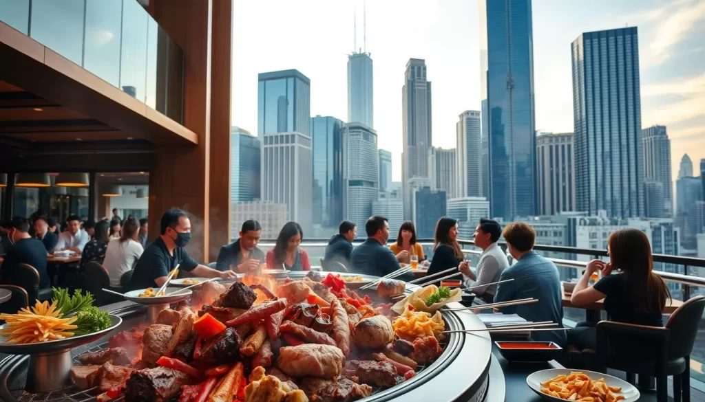 A vibrant scene of Korean barbecue unfolds, set against the backdrop of a bustling Chicago cityscape. In the foreground, sizzling meats and vegetables fill the air with savory aromas, surrounded by a lively gathering of diners enjoying the interactive dining experience. The middle ground showcases the restaurant's warm, modern decor, with sleek wood tones and hints of traditional Korean design elements. In the distance, the towering skyscrapers of Chicago's skyline provide a dynamic urban canvas, bathed in the soft, golden glow of a pleasant day. A sense of authentic cultural immersion permeates the scene, inviting the viewer to savor the richness of the Korean food scene in this vibrant city.
