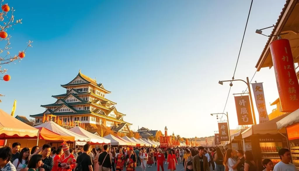 A vibrant scene of Kumamoto's annual festival, bathed in warm golden light. In the foreground, a lively parade with colorfully costumed dancers and musicians weaving through a throng of onlookers. In the middle ground, traditional food stalls and craft vendors line the streets, their wares beckoning passersby. In the background, the majestic Kumamoto Castle stands tall, its ancient walls and turrets silhouetted against a clear, azure sky. The atmosphere is charged with excitement and cultural celebration, inviting visitors to immerse themselves in the rich heritage of this dynamic Japanese prefecture.