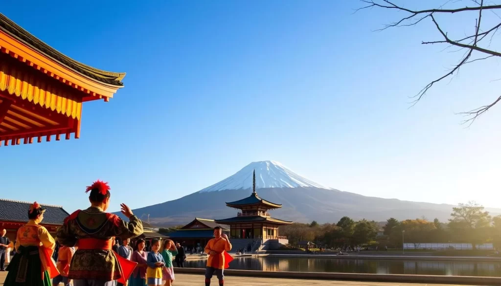 A vibrant scene of Mt. Fuji's cultural experiences unfolds, framed by a clear, azure sky. In the foreground, a troupe of colorfully costumed performers engage in a traditional dance, their movements graceful and synchronized. The middle ground showcases a serene temple, its tranquil pagoda and ornate architecture reflecting in a nearby pond. In the background, the iconic silhouette of Mt. Fuji rises majestically, its snow-capped peak glowing in the warm, natural lighting. The atmosphere exudes a sense of timeless tradition, inviting the viewer to immerse themselves in the rich cultural tapestry of this beloved Japanese landmark.