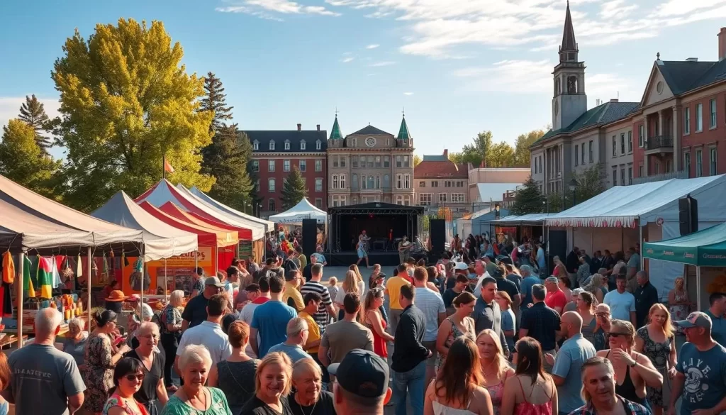 A vibrant scene of Saskatchewan's lively festival landscape, showcasing a bustling marketplace with colorful tents and stalls selling local crafts, artisanal foods, and live music performances. In the foreground, a crowd of people mingle and explore the various offerings, their faces alight with excitement. The middle ground features a stage where traditional dancers move gracefully to the rhythm of drums, while in the background, historic buildings and towering trees create a picturesque backdrop. The scene is bathed in warm, golden sunlight, conveying a mood of celebration and community.