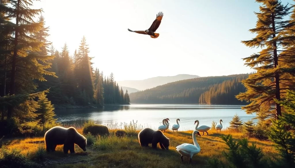 A vibrant scene of Shikotsu Toya National Park's wildlife in Japan. A family of bears foraging in the lush forest, surrounded by towering evergreens. In the distance, a majestic eagle soars against a clear, azure sky. Sunlight filters through the verdant canopy, casting a warm, golden glow across the scene. The tranquil lake reflects the serene landscape, its still waters punctuated by the graceful movements of swans. This idyllic natural setting invites wildlife enthusiasts to immerse themselves in the park's diverse flora and fauna.