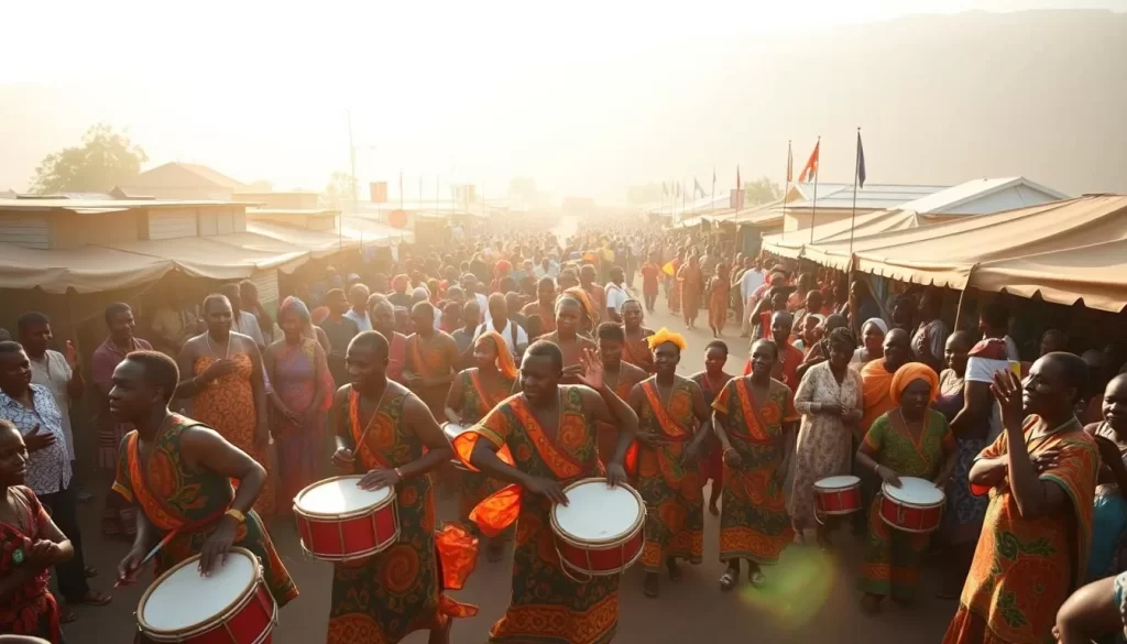 A vibrant scene of Tanzanian celebrations, captured under a warm, golden sun. In the foreground, a lively procession of drummers and dancers in colorful traditional attire, their movements fluid and energetic. In the middle ground, throngs of people cheering and clapping, the air alive with joy and excitement. In the background, a bustling marketplace, vendors selling handcrafted wares and local delicacies. The atmosphere is one of cultural pride and communal celebration, with a soft, diffused lighting that adds a sense of timelessness to the moment.