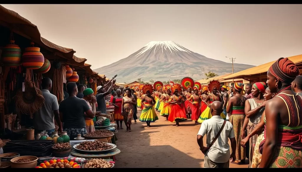 A vibrant scene of Tanzanian festivals, filled with the rich cultural heritage of the nation. In the foreground, a bustling marketplace with local artisans showcasing their intricate handcrafted wares, the air alive with the sounds of lively music and chatter. In the middle ground, a grand parade of colorfully dressed dancers and performers, their movements graceful and hypnotic, evoking the essence of Tanzanian traditions. In the background, towering Mount Kilimanjaro stands as a majestic backdrop, its snow-capped peak bathed in warm golden light. The overall atmosphere is one of celebration, community, and a deep connection to the land and its people.