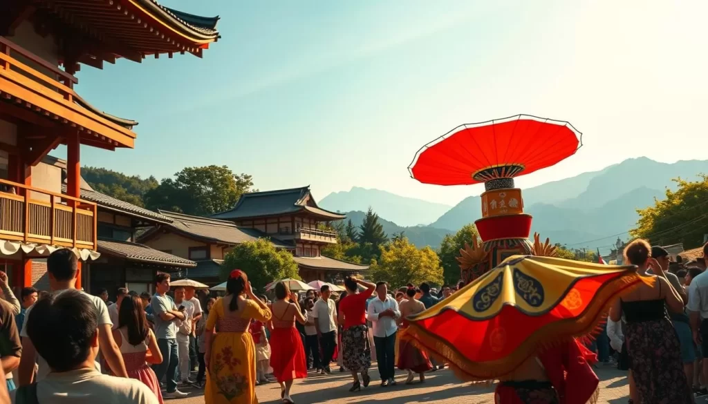 A vibrant scene of Toyama Prefecture's renowned festivals unfolds before the viewer. In the foreground, colorfully dressed performers dance and twirl amid a lively crowd, their intricate movements and festive attire captivating the senses. In the middle ground, traditional Japanese architecture and lush greenery provide a picturesque backdrop, while the distant mountains and clear blue sky create a serene, awe-inspiring atmosphere. The lighting is warm and natural, casting a golden glow that enhances the celebratory mood. The overall composition evokes a sense of cultural richness, community, and the unique charm that makes Toyama's festivals stand out in Japan.