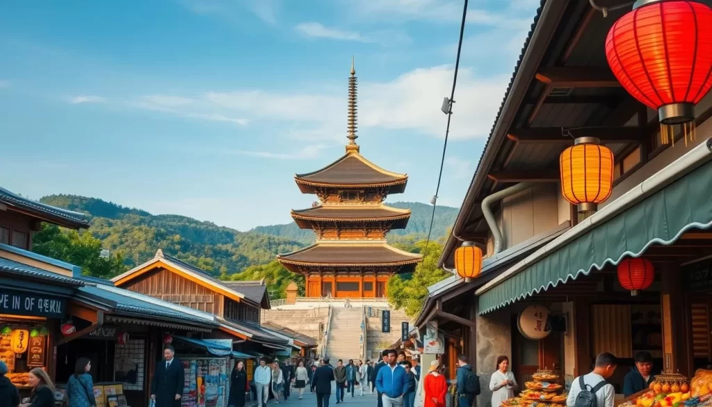 A vibrant scene of Yamagata's cultural heart. In the foreground, a bustling street market showcases local artisanal crafts and delicacies, surrounded by the warm glow of lanterns. In the middle, a historic temple stands tall, its intricate architecture bathed in the soft light of a clear day. In the background, rolling hills and lush greenery frame the serene landscape, creating a harmonious balance between tradition and nature. The atmosphere is one of cultural richness and tranquility, inviting visitors to immerse themselves in the unique essence of Yamagata Prefecture.