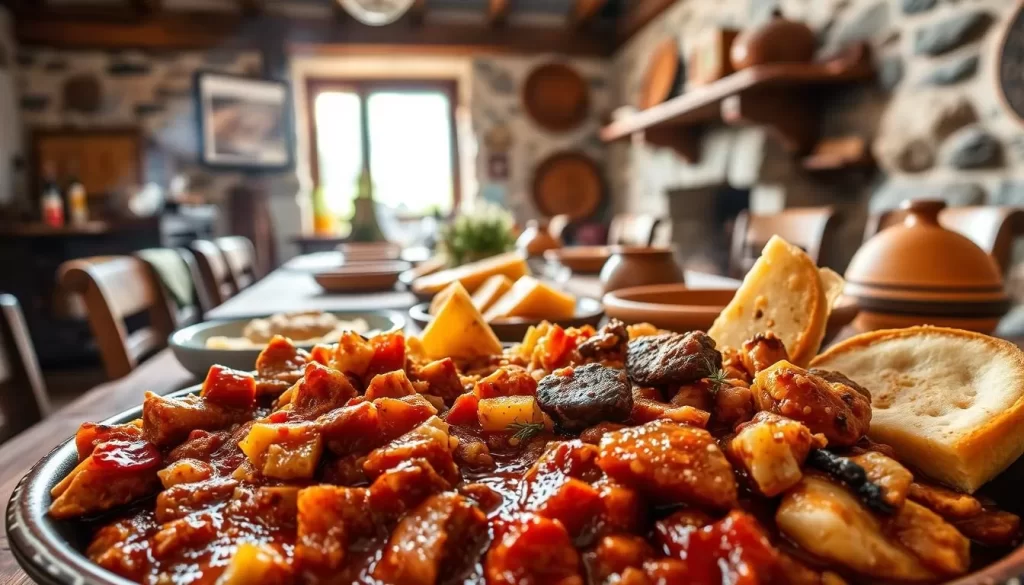 A vibrant scene of Zlatibor's culinary delights unfolds before the viewer. In the foreground, a platter overflows with local specialties - rich kajsija stew, savory pies, and smoky kajsija cheese. The middle ground showcases a table adorned with traditional wooden plates and earthenware, set against a backdrop of rustic stone walls and wooden beams. Natural light filters in, casting a warm, inviting glow. The atmosphere exudes the comforting essence of Zlatibor's mountain heritage, where generations-old recipes and artisanal techniques come together to create a symphony of flavors. This scene invites the viewer to savor the unique culinary treasures that define the Zlatibor experience.