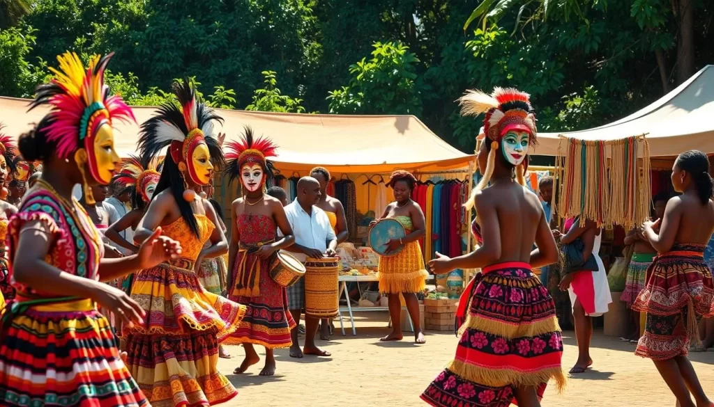 A vibrant scene of a Mayotte cultural festival unfolds before us. In the foreground, colorfully dressed dancers sway to the rhythm of traditional drums and chants. Intricate masks and headdresses catch the warm sunlight, casting playful shadows across the lively crowd. In the middle ground, artisanal stalls display an array of handcrafted textiles, ceramics, and weavings, each piece a testament to the island's rich cultural heritage. The background features a backdrop of lush, verdant foliage, hinting at the natural beauty that surrounds this celebration of Mayotte's unique identity. The atmosphere is one of joy, community, and a deep appreciation for the traditions that have been passed down through generations.