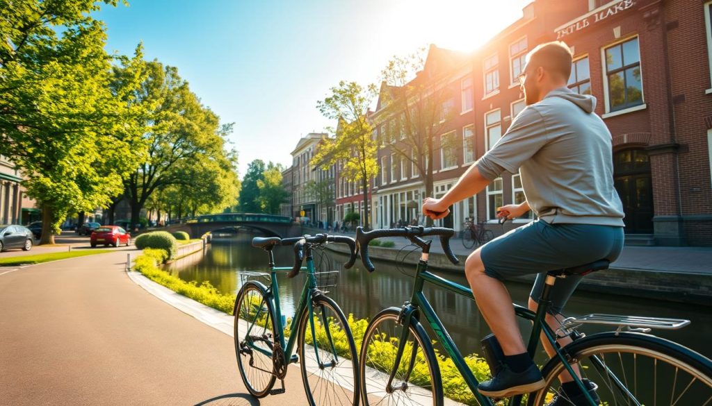 A vibrant scene of a cyclist enjoying the Netherlands' cycling culture. Sunlight filters through lush greenery, casting a warm glow on the rider's path. In the foreground, a sleek, city bicycle with distinctive Dutch design glides effortlessly along a picturesque canal lined with traditional brick buildings. The cyclist, clad in casual attire, gazes ahead with a sense of adventure, ready to explore the city's bustling streets and quaint neighborhoods. The middle ground showcases the intricate network of bike lanes winding through the urban landscape, while the background reveals the iconic architecture and charming ambiance that define the Netherlands' captivating atmosphere.