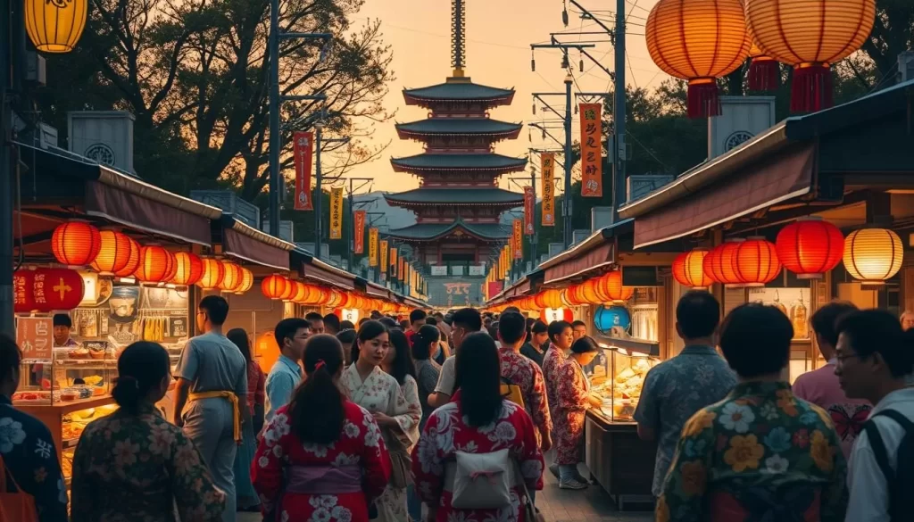 A vibrant scene of a local Japanese festival, bustling with activity and color. In the foreground, a group of revelers in traditional yukata robes and vibrant paper lanterns, creating a lively and festive atmosphere. The middle ground features stalls selling delicious street food and handcrafted trinkets, with shopkeepers and patrons engaging in cheerful exchanges. In the background, a towering shrine or temple, its ornate architecture framed by the gentle glow of sunset. Warm, soft lighting bathes the entire scene, evoking a sense of warmth and community. The overall mood is one of joyful celebration, capturing the essence of a lesser-known local festival in Kagawa Prefecture, Japan.
