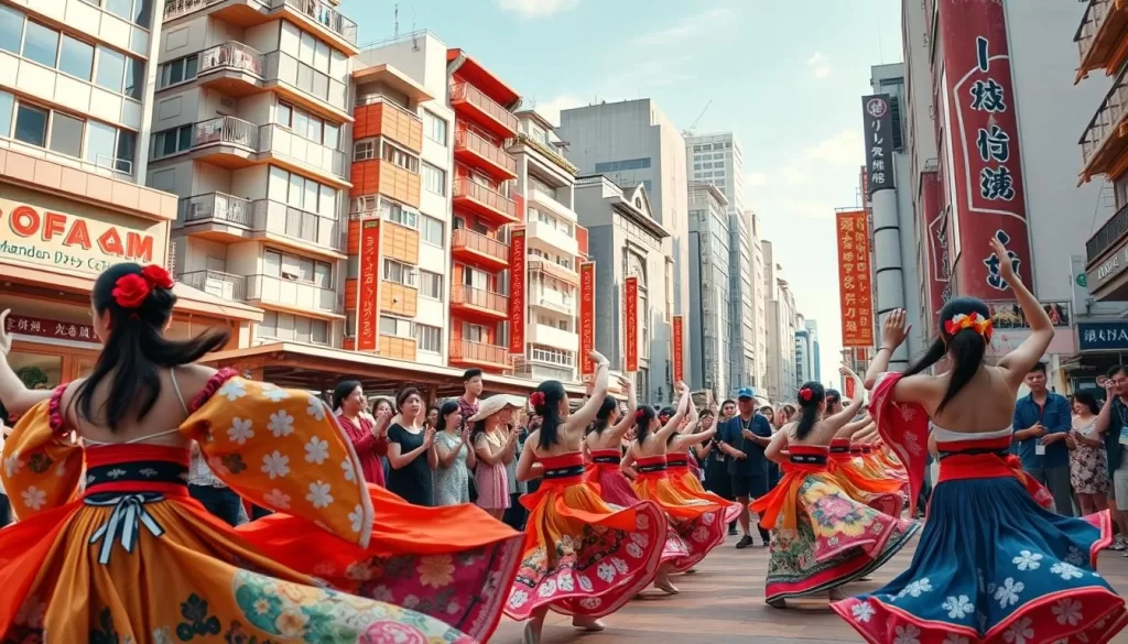A vibrant scene of a summer dance festival in Osaka, Japan. In the foreground, a group of costumed performers gracefully move to the rhythm of traditional Japanese music, their colorful garments swirling. In the middle ground, a lively crowd of spectators cheers and claps, immersed in the festive atmosphere. In the background, the iconic architecture of Osaka's historic buildings provides a stunning backdrop, bathed in the warm glow of the summer sun. The scene is captured with a wide-angle lens, highlighting the energy and excitement of the event. The overall mood is one of joy, cultural celebration, and the unique charm of a summer festival in Osaka.
