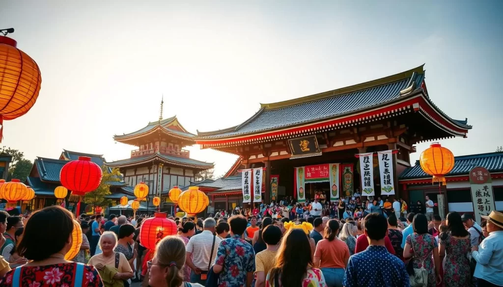 A vibrant scene of a traditional Japanese festival unfolding in the warm glow of the afternoon sun. In the foreground, colorfully dressed festival-goers carrying intricately crafted paper lanterns weave through the bustling crowd. In the middle ground, a grand ceremonial stage stands adorned with ornate banners and decorations, as musicians play lively festival music. In the background, the iconic architecture of a historic Japanese shrine or temple provides a majestic backdrop, its ornate rooftops and pagodas silhouetted against a clear, azure sky. The atmosphere is one of joyous celebration, with a sense of timeless cultural tradition and community.