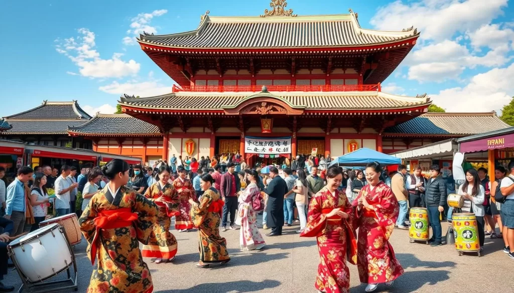 A vibrant scene of a traditional Japanese festival unfolding on a sunny day. In the foreground, a group of performers in colorful kimonos gracefully dance to the rhythm of taiko drums and shamisen music. In the middle ground, a bustling crowd of locals and tourists browse vibrant stalls offering artisanal crafts, delectable street food, and lively games. In the background, the intricate architecture of a historic shrine or temple stands as a majestic backdrop, with its ornate roofs and intricate carvings catching the warm glow of the afternoon light. The atmosphere is one of celebration, community, and the preservation of cultural traditions.