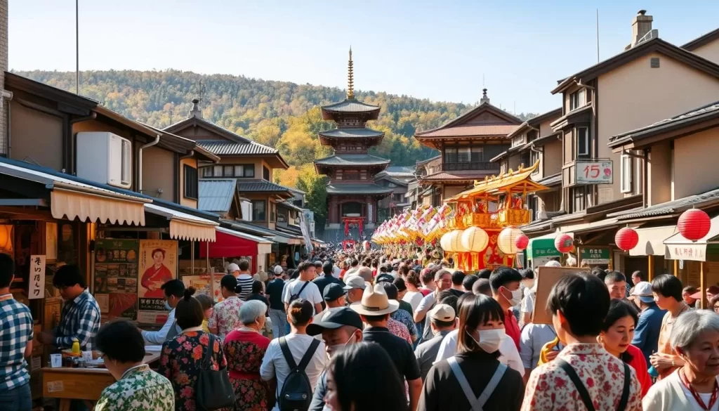 A vibrant scene of a traditional Japanese town festival in Ishikawa Prefecture, set on a picturesque day. In the foreground, colorfully dressed locals gather around food stalls and craft vendors, lively music and laughter filling the air. In the middle ground, a grand parade with intricately decorated floats and dancers in traditional costumes makes its way through the narrow streets. In the background, historic wooden buildings and temples provide a stunning backdrop, bathed in warm, golden sunlight. Capture the spirit of the local community and their cherished cultural celebrations.