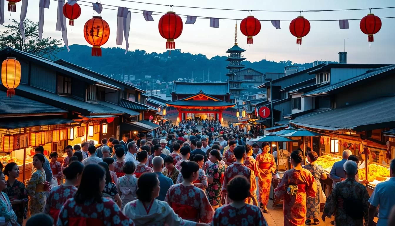 A vibrant scene of a traditional Yamaguchi Prefecture festival, bustling with lively energy. In the foreground, a crowd of people in colorful kimonos and yukata dance gracefully to the rhythm of taiko drums and shamisen music. Lanterns and paper streamers sway gently in the soft, warm lighting, casting a festive glow over the middle ground, where food stalls offer delectable local delicacies. In the background, the silhouettes of historic buildings and shrines stand proud, framing the celebration. The atmosphere is one of joyous community, where the rich heritage of Yamaguchi's cultural traditions is proudly on display.