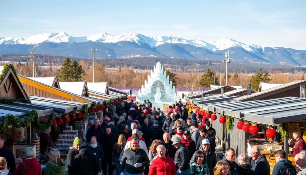 A vibrant scene of seasonal festivities unfolding against the backdrop of a picturesque Canadian landscape. In the foreground, a bustling marketplace showcases an array of local crafts, artisanal foods, and lively music performances. Meandering through the stalls, people of all ages immerse themselves in the festive atmosphere, their faces aglow with joy. In the middle ground, a traditional ice sculpture display stands tall, its intricate designs sparkling in the warm sunlight. In the distance, snow-capped mountains rise majestically, framing the serene setting. The overall mood is one of celebration, community, and the natural beauty of the Cross Lake region.