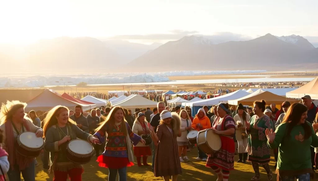 A vibrant scene of summer festivities in Nunavut, Canada's northernmost territory. In the foreground, indigenous Inuit people joyfully dance and celebrate with traditional drums and music, their colorful traditional clothing swaying. In the middle ground, stalls selling local crafts, foods, and artwork create a bustling marketplace under the warm glow of the midnight sun. The background is filled with awe-inspiring landscapes - towering glaciers, pristine tundra, and the shimmering waters of the Arctic Ocean. The atmosphere is one of cultural richness, community, and the boundless energy of the endless summer days in the Land of the Midnight Sun.