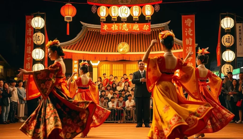 A vibrant scene of traditional Japanese dance performances, captured in the midst of a lively Kanagawa festival. In the foreground, graceful dancers in ornate, colorful costumes move with rhythmic precision, their flowing movements accentuated by the warm, soft lighting. The middle ground showcases a traditional stage or platform, framed by intricately decorated lanterns and banners that evoke the festival's celebratory atmosphere. In the background, a crowd of spectators watches in awe, their faces illuminated by the warm glow of the scene. The overall composition conveys a sense of cultural richness, artistic elegance, and community celebration.