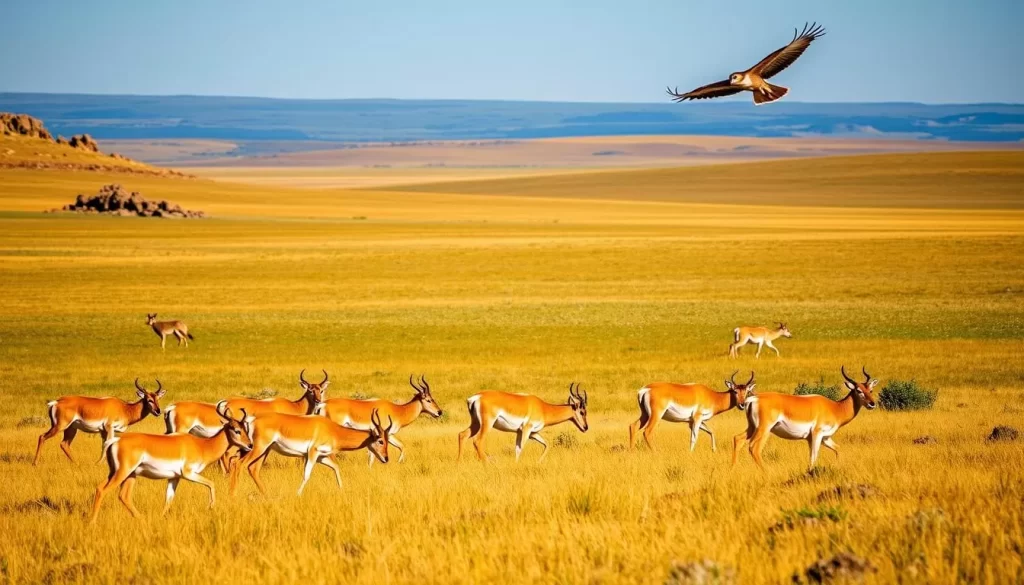 A vibrant scene of wildlife thriving in the vast, rolling grasslands of Grasslands National Park. In the foreground, a herd of majestic pronghorn antelope graze peacefully, their sleek, tan coats glistening in the warm, golden sunlight. In the middle ground, a lone coyote trots across the undulating landscape, its keen eyes scanning for prey. Soaring overhead, a red-tailed hawk circles gracefully, its sharp talons ready to swoop down on unsuspecting rodents. The background is a panoramic vista of endless prairie, punctuated by the occasional rocky outcrop and swaying grasses, all framed by a clear, azure sky. The scene exudes a sense of tranquility and the timeless rhythm of life in this pristine, protected ecosystem.