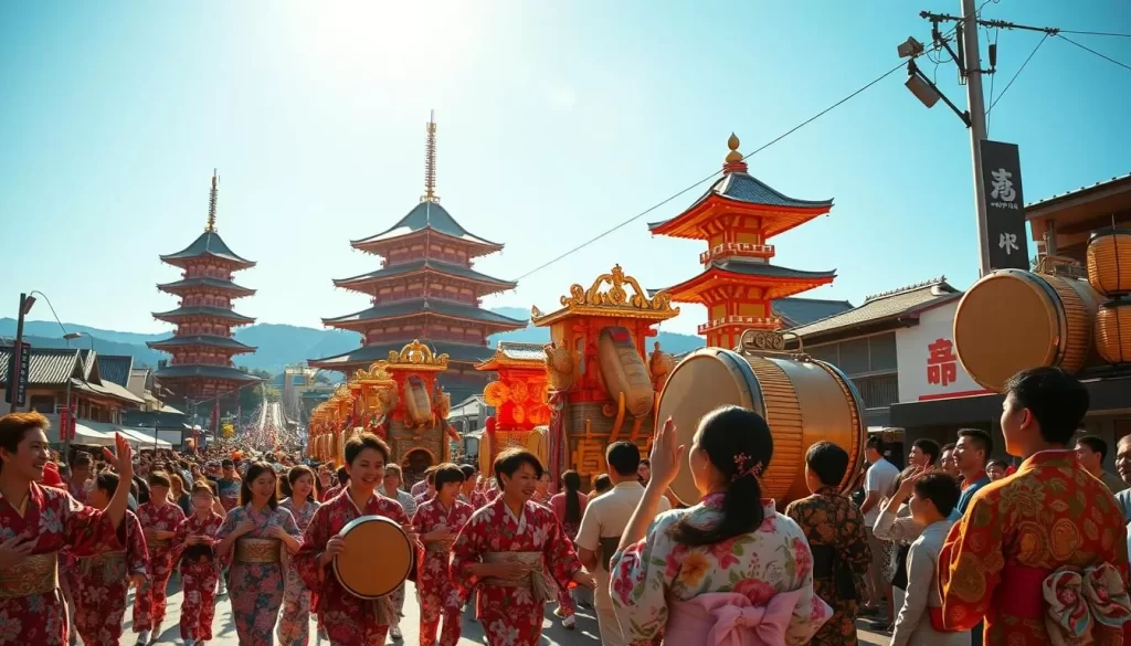 A vibrant scene showcasing the captivating festivals of Tochigi Prefecture, Japan. In the foreground, colorful yukata-clad revelers dance to the rhythmic beats of traditional taiko drums, their faces alight with joy. In the middle ground, towering floats adorned with intricate carvings and lanterns parade down a bustling street, surrounded by eager onlookers. The background depicts a stunning temple complex, its pagodas and shrines silhouetted against a clear, azure sky. Warm, golden sunlight filters through the scene, lending an inviting, celebratory atmosphere. Capture the vibrant, immersive essence of Tochigi's festival culture in a cinematic, detailed landscape.