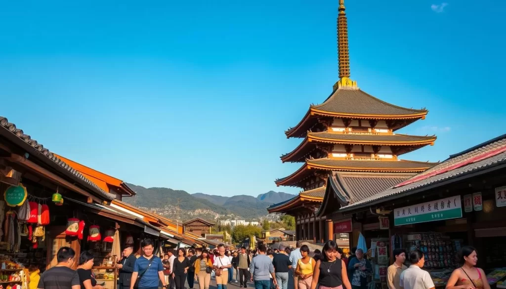 A vibrant scene showcasing the cultural experiences of Utsunomiya, Japan. In the foreground, visitors stroll through a lively street market, browsing handcrafted wares and sampling local delicacies. In the middle ground, a historical temple stands tall, its intricate architecture bathed in warm, golden light. In the background, rolling hills and a clear blue sky create a serene, picturesque backdrop. The atmosphere is one of genuine cultural immersion, inviting the viewer to explore the unique sights, sounds, and flavors of this captivating city.