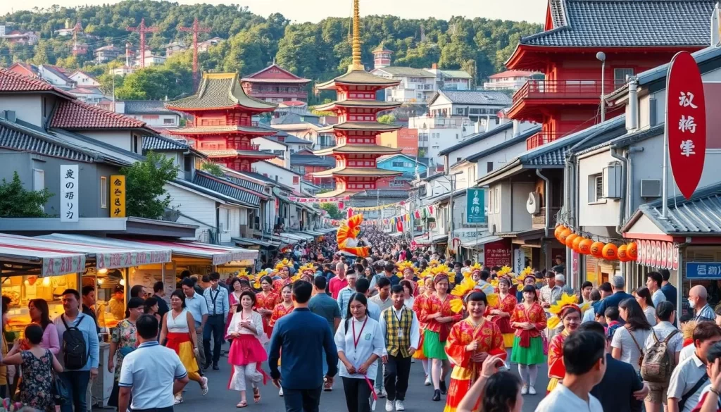 A vibrant scene unfolds in Chiba Prefecture, Japan, as locals and visitors gather to celebrate the region's rich festival culture. In the foreground, a parade of colorfully dressed dancers and musicians weaves through the streets, their movements in perfect sync. In the middle ground, food stalls and vendor booths offer a tantalizing array of traditional delicacies and handcrafted wares. The background is filled with the iconic architecture of the region, from pagodas to traditional Japanese houses, all bathed in the warm glow of the afternoon sun. The atmosphere is one of joy and community, with the sounds of laughter, music, and the excited chatter of the crowd creating a vibrant, immersive experience.