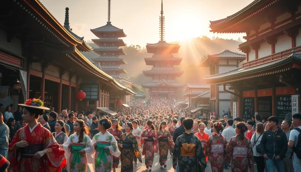 A vibrant scene unfolds in the ancient city of Kyoto, where the rich cultural heritage is celebrated through a captivating festival. In the foreground, a colorful procession of kimono-clad dancers gracefully move to the rhythm of traditional music, their intricate costumes and movements reflecting the deep-rooted traditions of the region. In the middle ground, bustling crowds gather, their faces aglow with excitement as they witness the spectacle. The background is adorned with iconic Kyoto landmarks, such as the iconic Kiyomizudera Temple, its pagodas and ornate architecture framing the festivities. The warm, golden light of the sun filters through the scene, creating a sense of timelessness and tranquility, while the vibrant colors and lively atmosphere convey the profound cultural significance of this Kyoto festival.