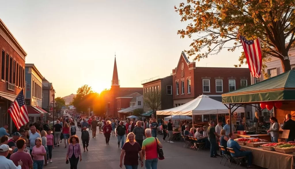 A vibrant seasonal tapestry unfolds, showcasing the captivating events that define York, Nebraska throughout the year. In the foreground, a lively parade winds through the charming downtown streets, spectators lining the sidewalks and waving colorful flags. In the middle ground, a bustling farmers' market overflows with locally grown produce and handcrafted wares, while in the background, a picturesque town square hosts an energetic music festival under the golden glow of the setting sun. Warm, natural lighting illuminates the scene, capturing the joyous atmosphere and the community's embrace of its seasonal celebrations.