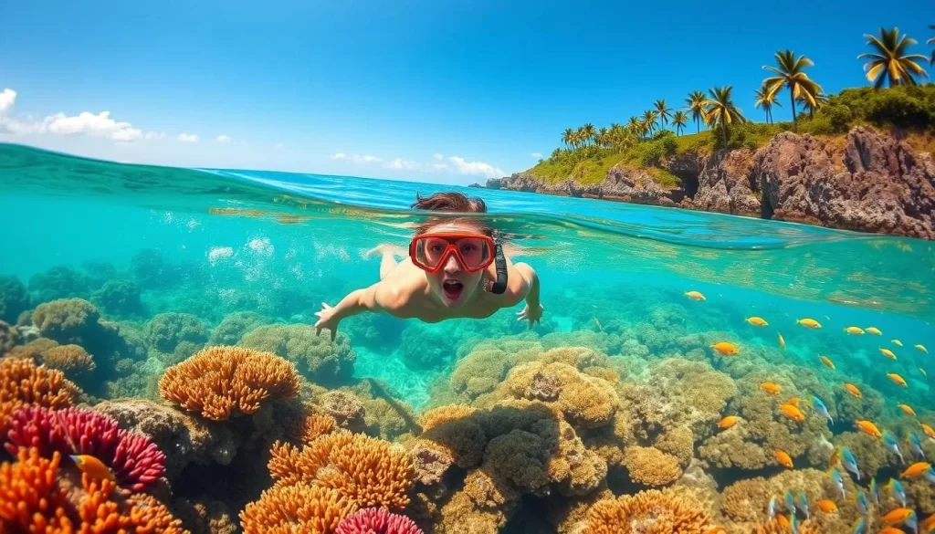 A vibrant snorkeling adventure unfolds in the crystal-clear waters of Hahajima Island, Ogasawara National Park. In the foreground, a swimmer gracefully glides through the turquoise depths, their snorkel mask revealing a mesmerizing underwater world. Vibrant coral formations and schools of tropical fish populate the middle ground, bathed in warm, golden sunlight filtering through the surface. The background showcases the lush, verdant coastline, with rugged cliffs and swaying palm trees creating a serene, island paradise. The entire scene is captured with a wide-angle lens, emphasizing the breathtaking scale and beauty of this natural wonder.