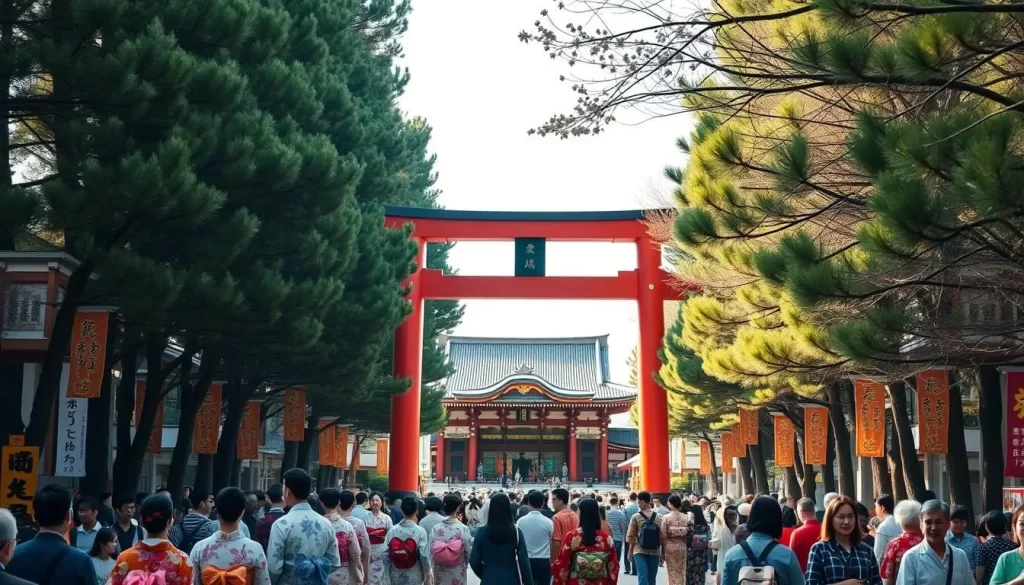 A vibrant spring day at Meiji Shrine in Tokyo, Japan. In the foreground, crowds of people dressed in traditional kimono stroll among the towering cedar trees, admiring the intricate decorations and colorful banners lining the sacred pathways. The middle ground captures the grand Torii gate, its vermilion pillars and elegant architecture framing the serene inner sanctuary. In the background, the historic shrine buildings stand majestically, their roofs adorned with elegant eaves and meticulously carved details. Soft, diffused natural lighting illuminates the scene, creating a warm, celebratory atmosphere as the Meiji Shrine Spring Grand Festival is in full swing.