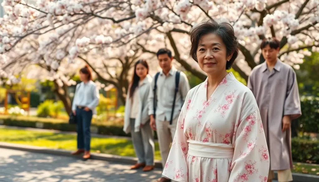A vibrant spring day in Nagasaki, Japan. The foreground features a local resident wearing a lightweight kimono, delicately patterned with cherry blossoms. The middle ground showcases various seasonal apparel options, from lightweight linen shirts to traditional hapi coats. In the background, a lush garden with blooming sakura trees sets the tranquil, natural atmosphere. Soft, diffused lighting casts a warm, golden glow, capturing the essence of the gentle Nagasaki springtime. A medium-wide camera angle provides a comprehensive view of the seasonal fashion.