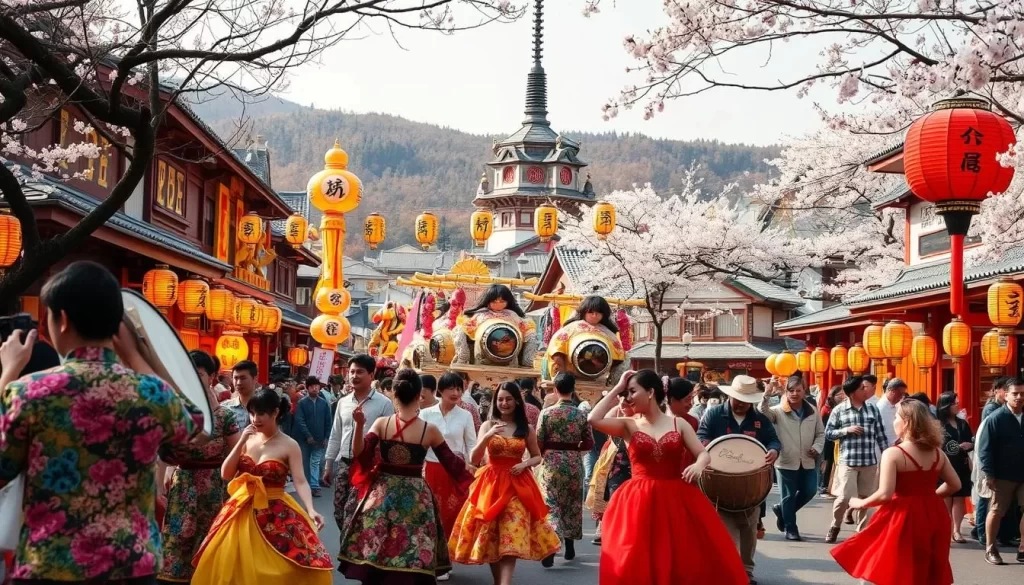 A vibrant spring festival in Saga Prefecture, Japan. In the foreground, colorfully dressed locals dance gracefully to the rhythmic beats of traditional taiko drums. In the middle ground, elaborate festival floats and lanterns adorn the streets, casting a warm glow. In the background, the historic architecture and cherry blossoms create a picturesque Japanese landscape. The scene is illuminated by soft, natural lighting, capturing the joyous atmosphere of this annual celebration of culture and community.