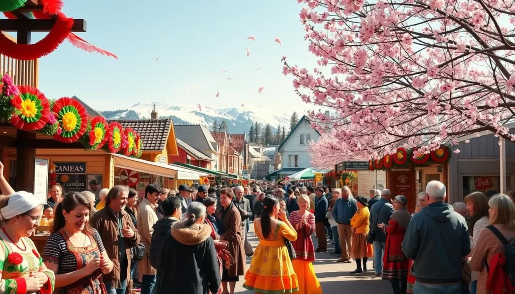 A vibrant spring festival in a small northern Canadian town, with colorful decorations and lively celebrations. In the foreground, a crowd of people enjoy traditional music and dance performances, their festive costumes and smiling faces evoking a sense of joy and community. In the middle ground, vendors offer handcrafted goods and local delicacies, their stalls adorned with seasonal flowers and banners. The background showcases the town's iconic architecture, complemented by the clear blue sky and gently falling cherry blossom petals, creating a serene and picturesque scene. The warm lighting and natural tones convey a feeling of warmth and optimism, perfectly capturing the spirit of the spring festival and the end of the long, harsh winter.