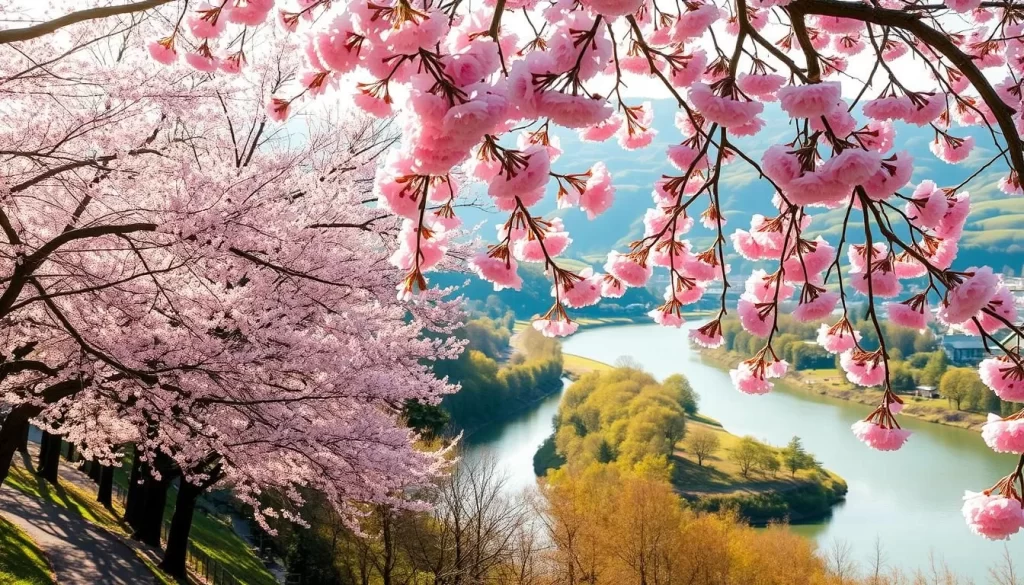A vibrant spring scene in Gifu City, Japan. The foreground features a picturesque row of blooming cherry trees, their delicate pink petals cascading gracefully in the gentle breeze. In the middle ground, a serene, meandering river reflects the beauty of the blossoms overhead. The background showcases the rolling hills and lush greenery that surround the city, bathed in warm, soft light. The overall atmosphere is one of tranquility and natural splendor, capturing the seasonal beauty of Gifu during the cherry blossom season.
