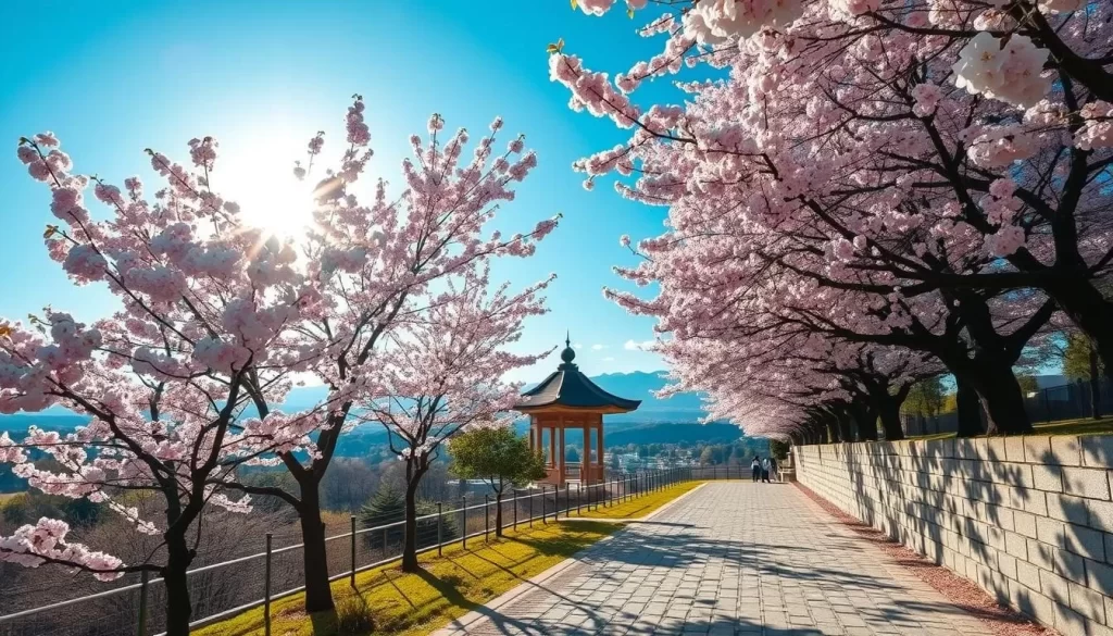 A vibrant spring scene in Hiroshima, Japan. Delicate cherry blossom trees lining a tranquil path, their soft pink petals gently swaying in the mild breeze. The sun filters through the lush canopy, casting a warm, romantic glow on the cobblestone walkway below. In the middle distance, a traditional Japanese pavilion sits serenely, its elegant architecture complementing the natural beauty. The background features rolling hills and a clear blue sky, completing the serene and picturesque landscape. Capture the essence of this beautiful springtime setting in Hiroshima.
