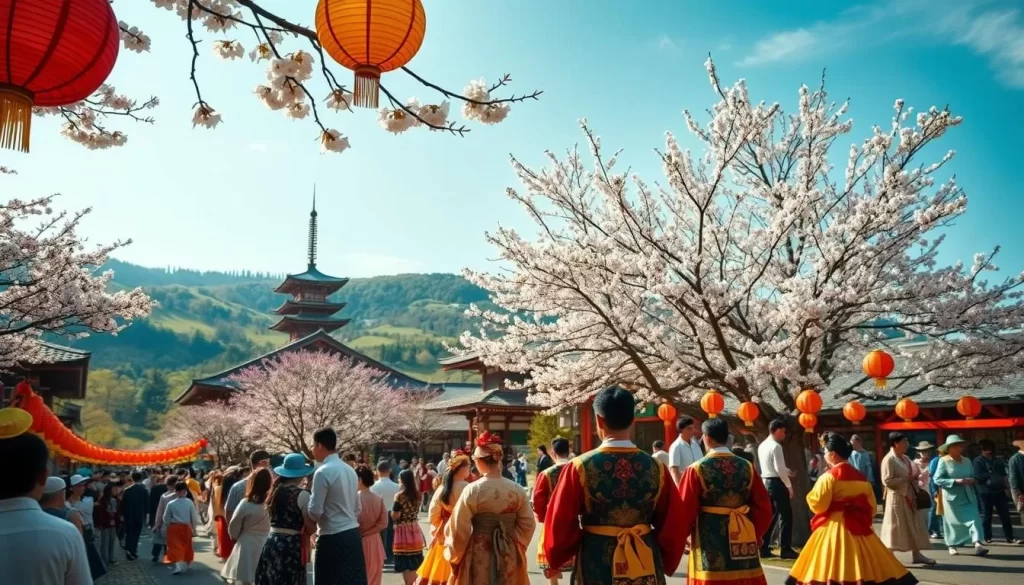 A vibrant spring scene in Ishikawa Prefecture, Japan. In the foreground, a lively festival with colorful paper lanterns and traditional dancers in ornate costumes. In the middle ground, ancient temples and shrines with pagoda roofs peeking through cherry blossom trees in full bloom. In the background, rolling green hills and a clear blue sky with soft, diffused lighting. The atmosphere is one of joyous celebration, rich cultural heritage, and natural beauty. Capture this harmonious blend of tradition and nature with a wide-angle lens to showcase the full splendor of the Ishikawa spring festivals.
