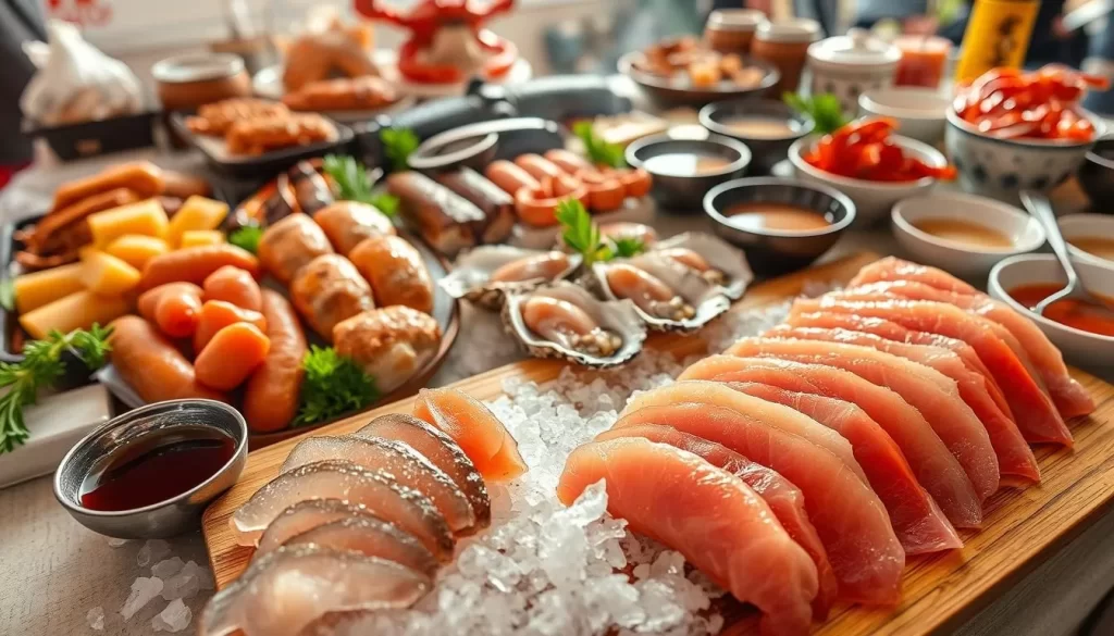 A vibrant still life featuring an array of fresh seafood from the Chūgoku Region of Japan. In the foreground, succulent slices of sashimi arranged artfully on a wooden serving board, accompanied by glistening soy sauce and pickled ginger. In the middle ground, plump oysters shucked and elegantly presented on a bed of crushed ice. The background showcases a variety of local delicacies such as grilled eel, simmered crab, and steaming bowls of miso soup. The scene is bathed in warm, natural light, highlighting the vibrant colors and textures of the seafood. Captured with a wide-angle lens to provide a sense of depth and immersion, evoking the lively atmosphere of a Chūgoku Region coastal market.