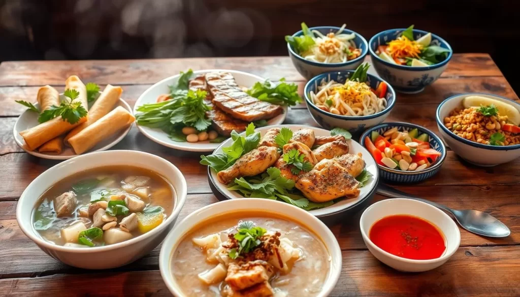 A vibrant still life of authentic Vietnamese dishes, artfully arranged on a rustic wooden table. In the foreground, a steaming bowl of pho with tender beef, fragrant herbs, and a squeeze of fresh lime. Alongside, a plate of crisp Vietnamese spring rolls, their golden wrappers revealing a colorful filling. In the middle ground, a platter of aromatic grilled lemongrass chicken, served with a side of nuoc cham dipping sauce. In the background, a trio of colorful vermicelli bowls, each topped with a variety of fresh vegetables, roasted peanuts, and a hint of fish sauce. Soft, natural lighting casts a warm glow, evoking the vibrant street food culture of Vietnam. Capture the mouthwatering essence of this essential culinary experience.