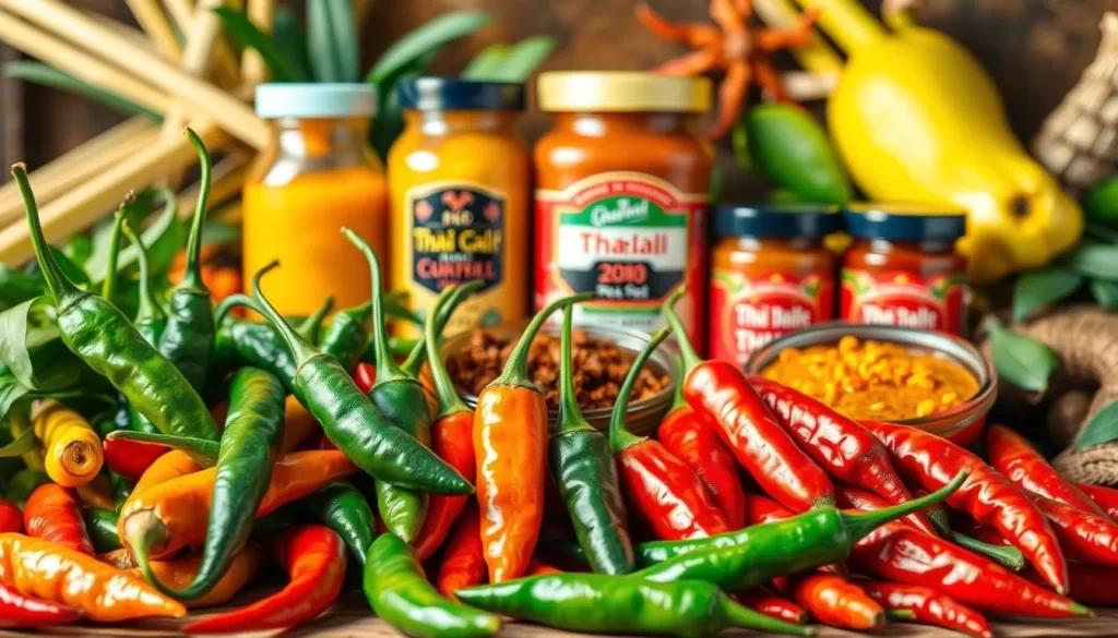 A vibrant still life showcasing the diverse spice levels of authentic Thai cuisine. In the foreground, an array of colorful Thai chili peppers, each with a distinct Scoville rating, artfully arranged against a backdrop of warm, natural lighting. The middle ground features various Thai curry pastes, their hues ranging from mild yellow to fiery red, symbolizing the spectrum of spice intensities. In the background, a selection of traditional Thai herbs and spices, such as lemongrass, galangal, and kaffir lime leaves, add depth and complexity to the scene. The overall composition evokes the rich culinary heritage and the delicate balance of flavors that define the authentic Thai dining experience.