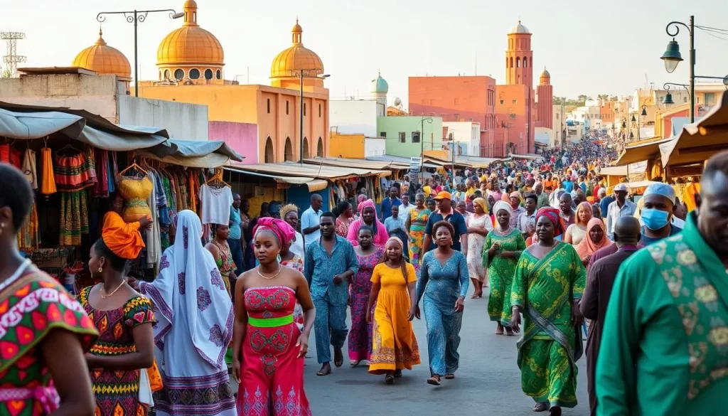 A vibrant street festival in Djibouti, bustling with local vendors, musicians, and dancers. The foreground showcases colorful traditional costumes, intricate textiles, and handcrafted wares. In the middle ground, a lively parade winds through the streets, with people of all ages celebrating the rich cultural heritage. The background features the iconic architecture of Djibouti, with domed roofs and colorful facades bathed in warm, golden sunlight. The overall scene exudes a sense of joy, community, and the vibrant spirit of Djibouti's festivals.