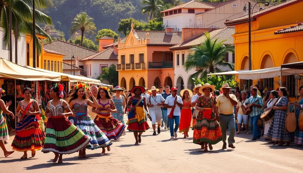 A vibrant street scene in Costa Rica, capturing the essence of the country's rich cultural celebrations. In the foreground, a lively parade with colorfully dressed dancers and musicians, their movements flowing with rhythmic grace. In the middle ground, stalls selling traditional handicrafts, their vibrant hues and intricate patterns reflecting the artistry of the local artisans. In the background, a backdrop of colonial-style buildings, their sun-dappled facades and terracotta roofs creating a picturesque setting. Warm, golden lighting bathes the scene, evoking a sense of festivity and community. The overall atmosphere is one of joy, celebration, and the proud display of Costa Rican cultural traditions.
