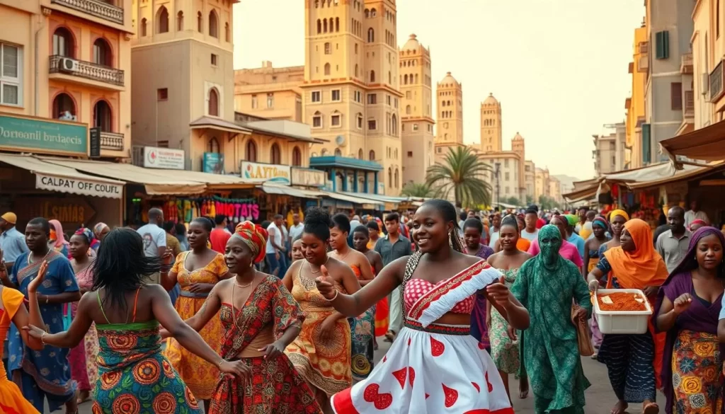 A vibrant street scene in Djibouti's bustling capital, filled with the energy of a cultural celebration. In the foreground, colorfully dressed locals dance to the rhythmic beats of traditional music, their movements fluid and energetic. The middle ground features a lively market, with vendors selling handcrafted goods and aromatic spices. In the background, towering buildings with intricate architectural details provide a stunning backdrop, bathed in warm, golden light. The overall atmosphere is one of joy, celebration, and a deep connection to the country's rich cultural heritage.