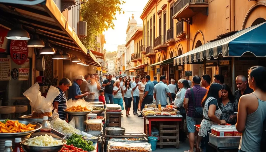 A vibrant street scene in León, Nicaragua, bustling with local food stalls and lively vendors. In the foreground, an array of colorful dishes and fragrant aromas fill the air, enticing passersby. Middle ground showcases lively interactions between chefs and customers, with the iconic colonial architecture framing the scene. The background reveals the charming streets of León, bathed in warm, golden sunlight, creating a welcoming atmosphere. Capture the essence of León's vibrant and authentic food culture through this dynamic, high-resolution image.